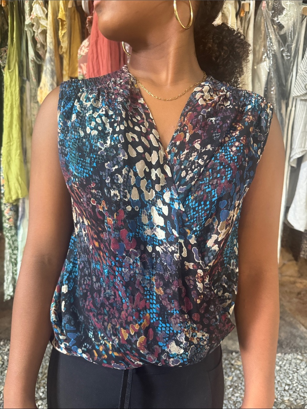 bebe Blue Multi-Print Sleeveless V-Neck Blouse